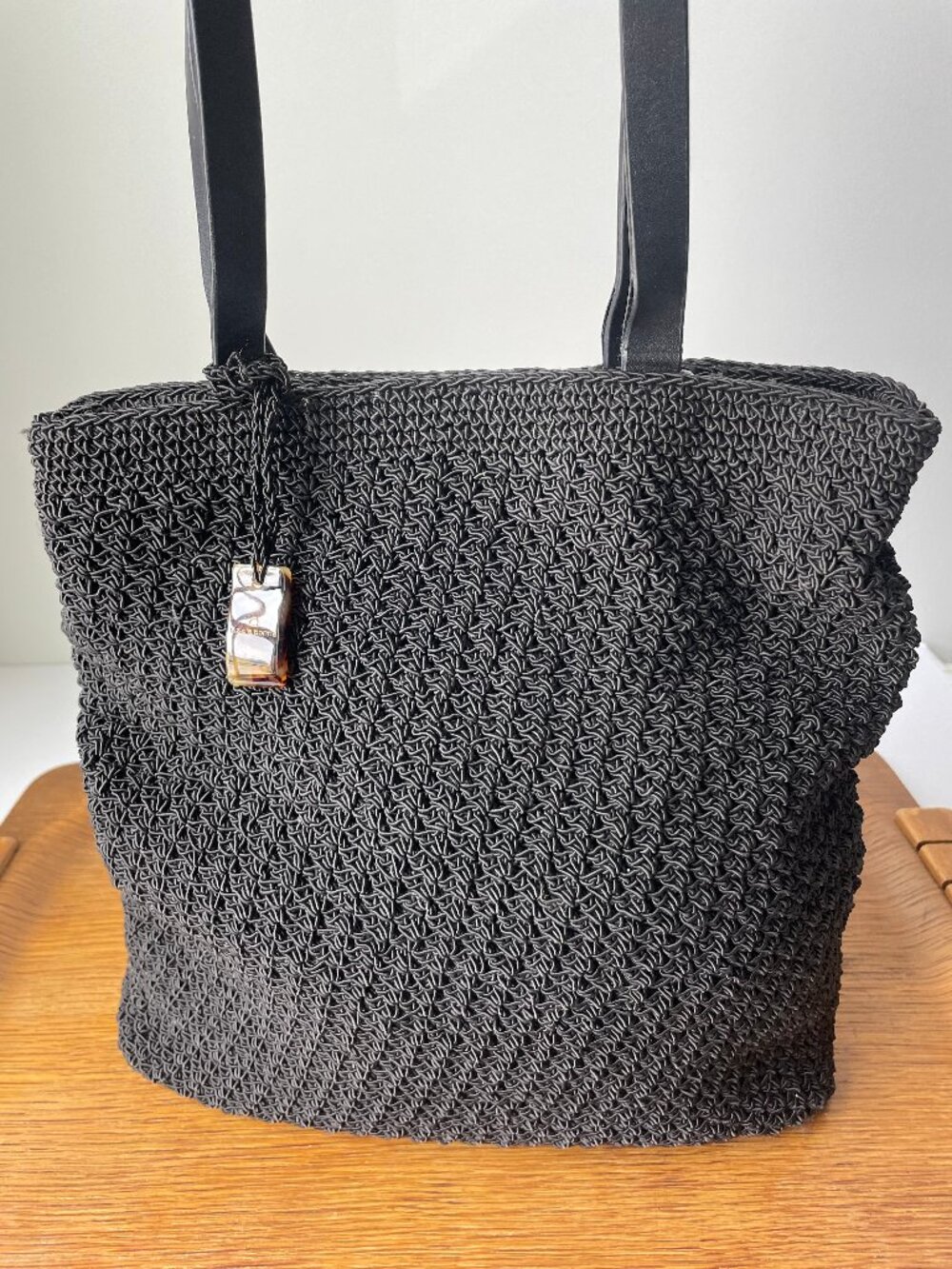 Liz Claiborne Black Woven Crochet Summer Bag with Pink Lining & Leather Straps